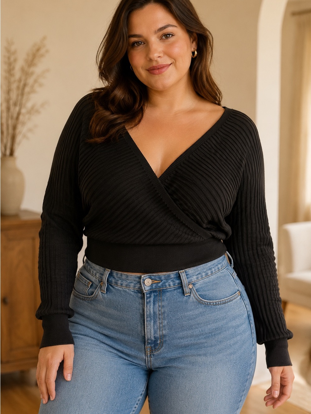 Love Tree Black Ribbed V-Neck Wrap Sweater